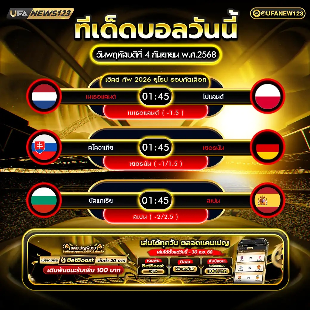 ทีเด็ดบอล แจกบอลสเต็ป 3 คู่ วันที่ 04 กันยายน 2568