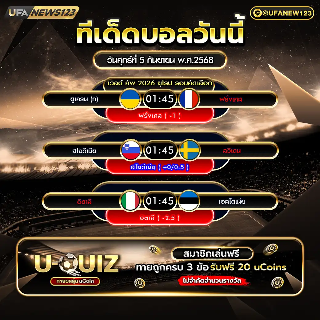 ทีเด็ดบอล แจกบอลสเต็ป 3 คู่ วันที่ 05 กันยายน 2568