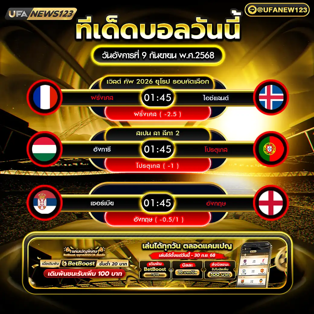 ทีเด็ดบอล แจกบอลสเต็ป 3 คู่ วันที่ 09 กันยายน 2568
