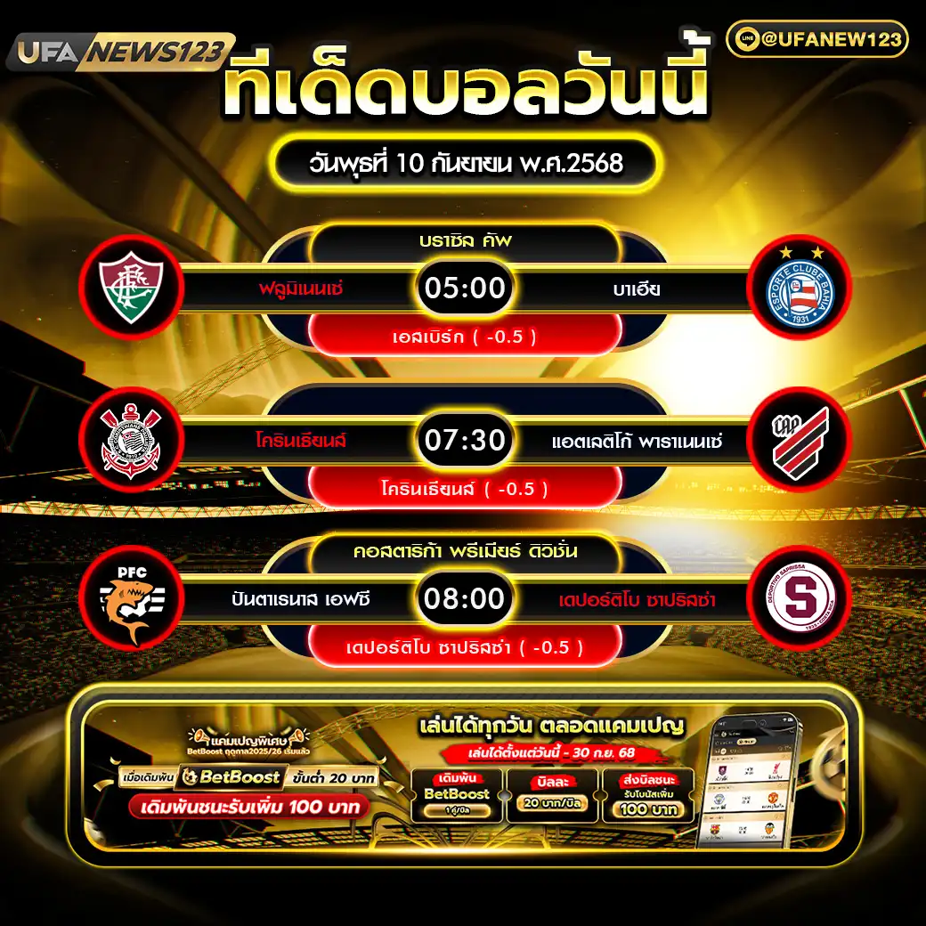 ทีเด็ดบอล แจกบอลสเต็ป 3 คู่ วันที่ 10 กันยายน 2568
