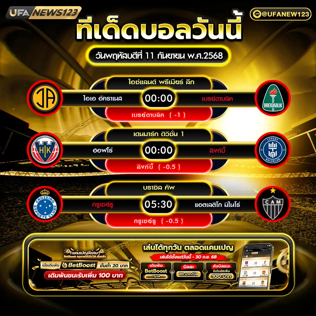 ทีเด็ดบอล แจกบอลสเต็ป 3 คู่ วันที่ 11 กันยายน 2568
