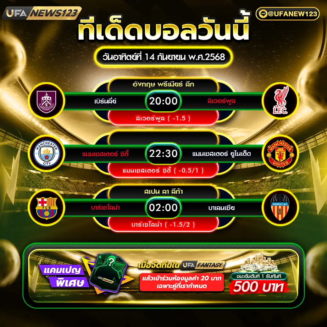 ทีเด็ดบอล แจกบอลสเต็ป 3 คู่ วันที่ 14 กันยายน 2568
