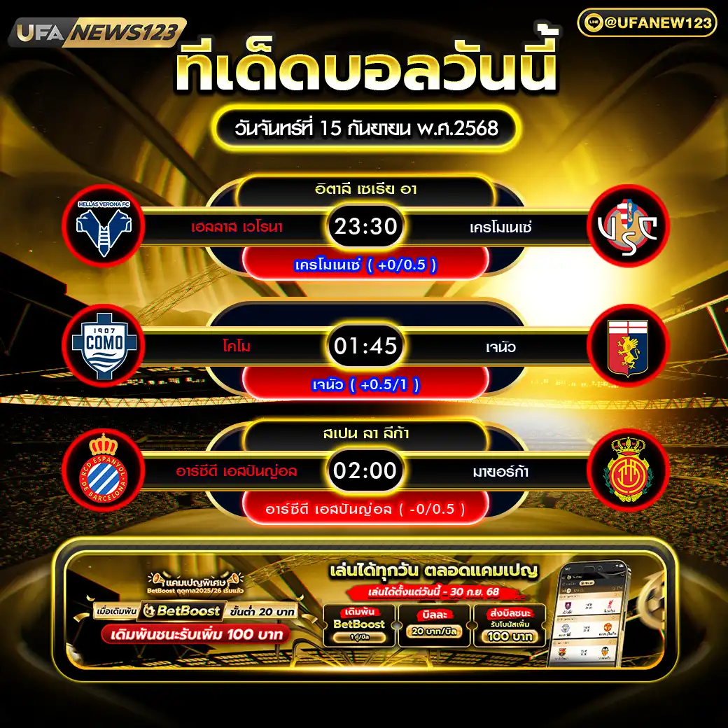 ทีเด็ดบอล แจกบอลสเต็ป 3 คู่ วันที่ 15 กันยายน 2568