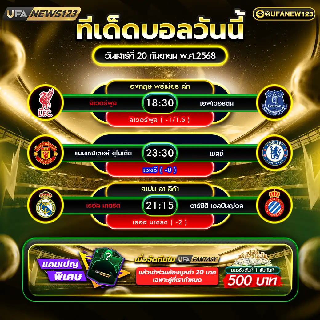 ทีเด็ดบอล แจกบอลสเต็ป 3 คู่ วันที่ 20 กันยายน 2568