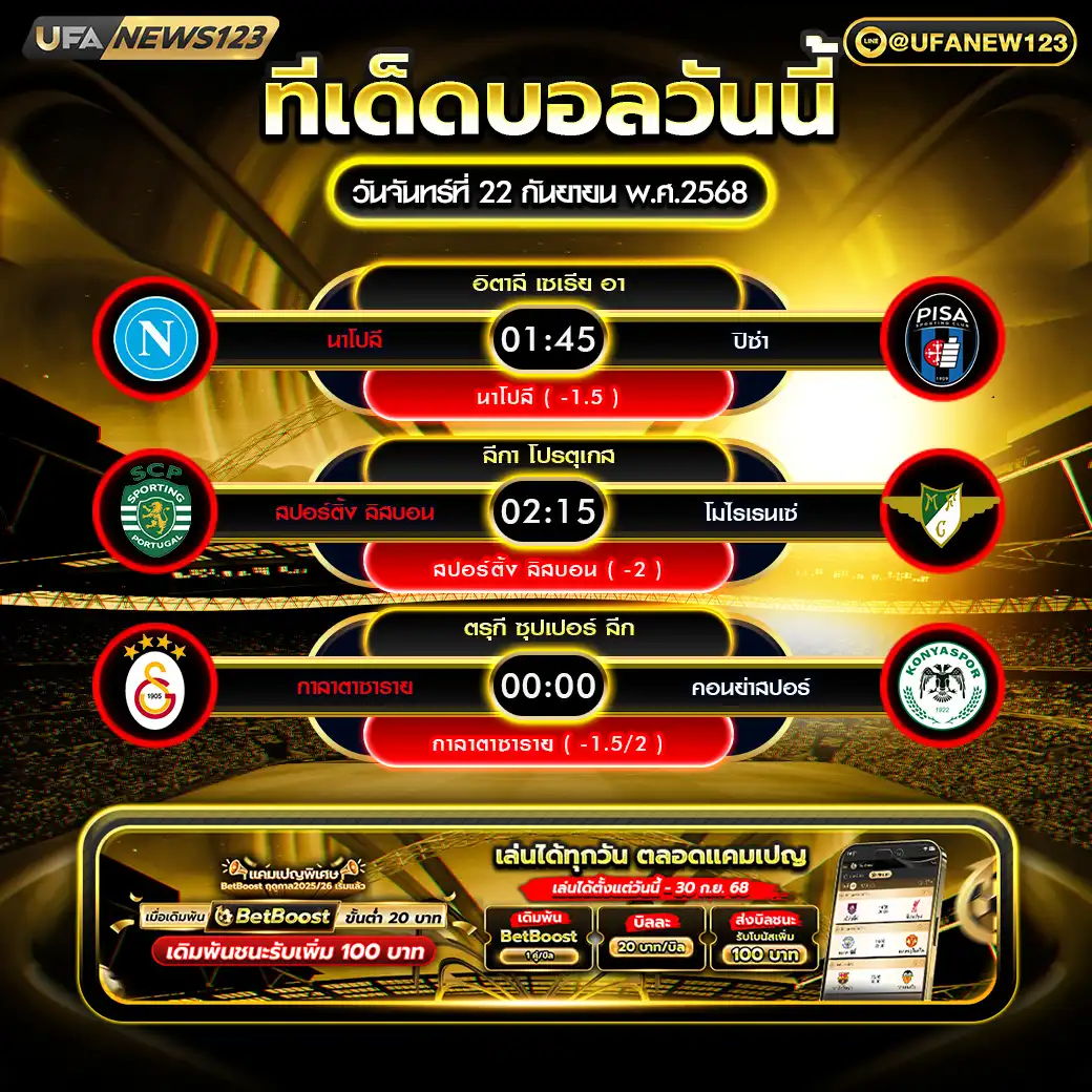 ทีเด็ดบอล แจกบอลสเต็ป 3 คู่ วันที่ 22 กันยายน 2568