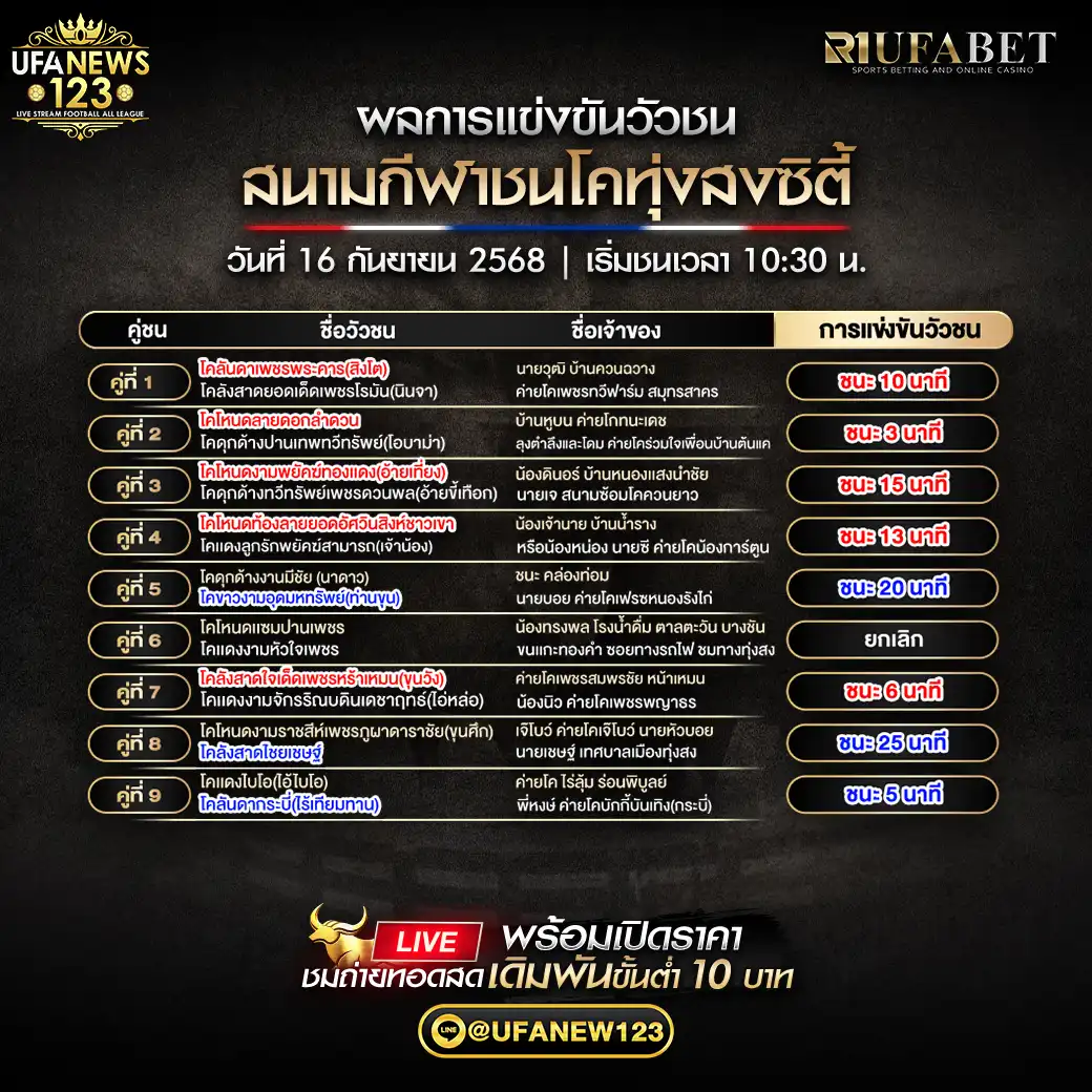 สรุปผลวัวชน วันที่ 16 กันยายน 2568 | สนามกีฬาชนโคทุ่งสงซิตี้
