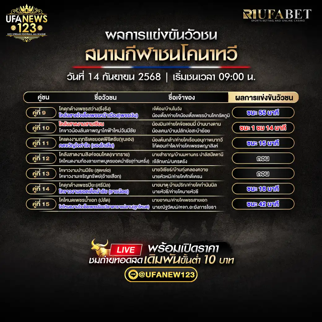สรุปผลวัวชน วันที่ 14 กันยายน 2568 | สนามกีฬาชนโคนาทวี