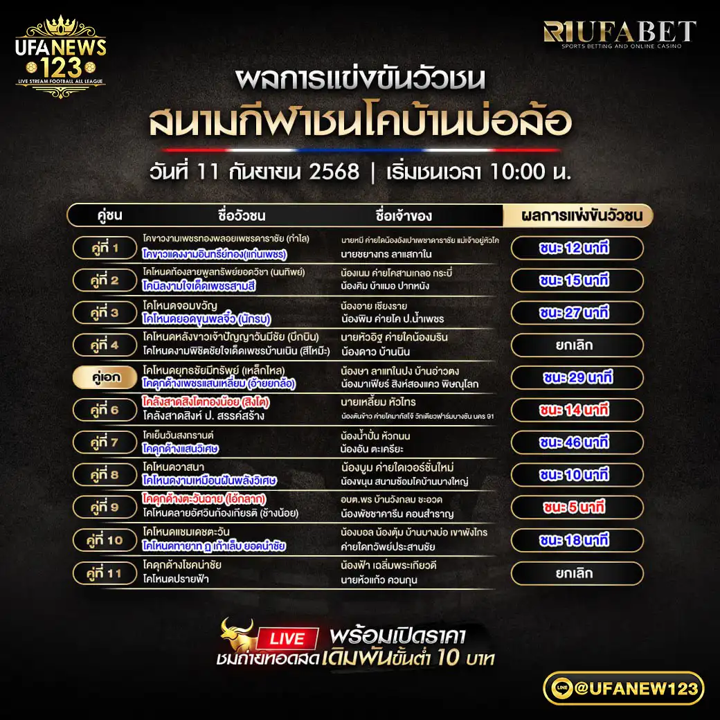 สรุปผลวัวชน วันที่ 11 กันยายน 2568 | สนามกีฬาชนโคบ้านบ่อล้อ
