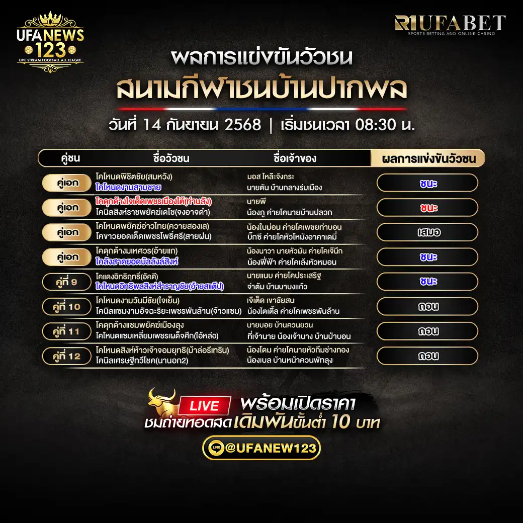 สรุปผลวัวชน วันที่ 14 กันยายน 2568 | สนามกีฬาชนโคบ้านปากพล