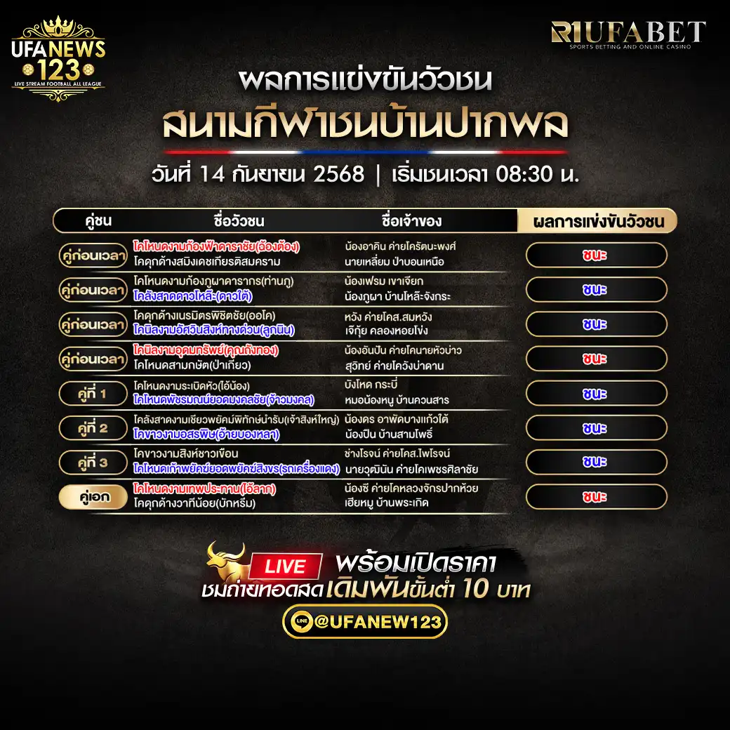 สรุปผลวัวชน วันที่ 14 กันยายน 2568 | สนามกีฬาชนโคบ้านปากพล