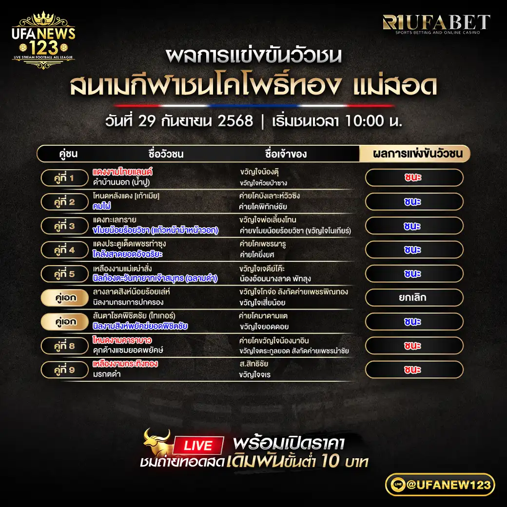 รายการผลวัวชนประจำวันที่ 29 กันยายน 2568 | สนามกีฬาชนโคโพธิ์ทอง แม่สอด
