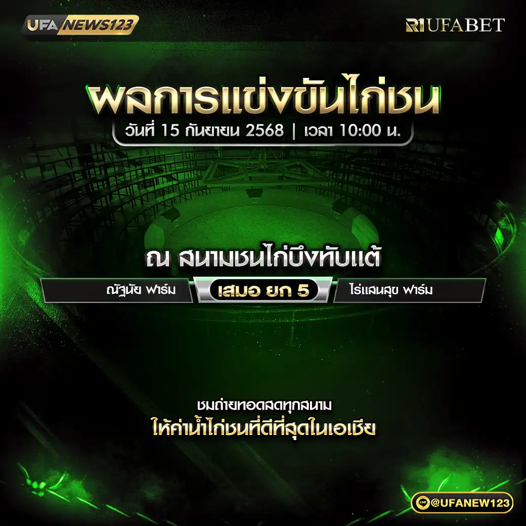 สรุปผลไก่ชน วันที่ 15 กันยายน 2568 | สนามชนไก่บึงทับแต้ 
