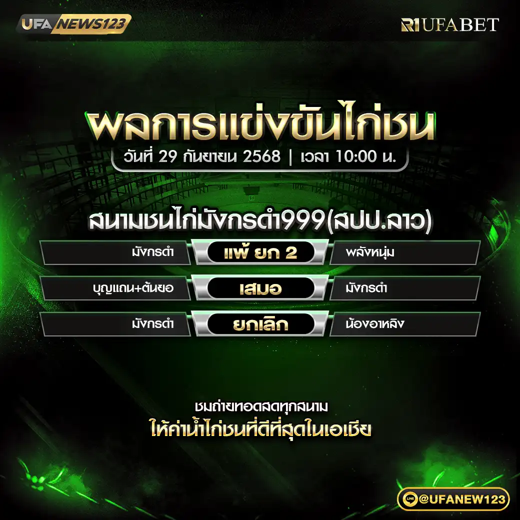รายการผลไก่ชน 29 กันยายน 2568 | สนามชนไก่มังกรดำ999(สปป.ลาว)

