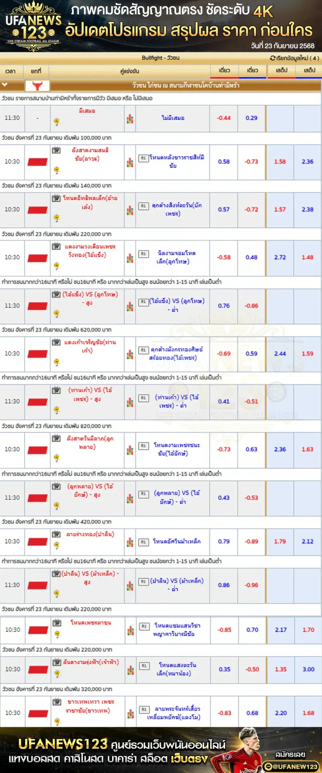 ตารางราคาวัวชนประจำวันที่ 23 กันยายน 2568  | สนามกีฬาชนโคบ้านท่ามิหรำ เริ่มเวลา 10:30 น.