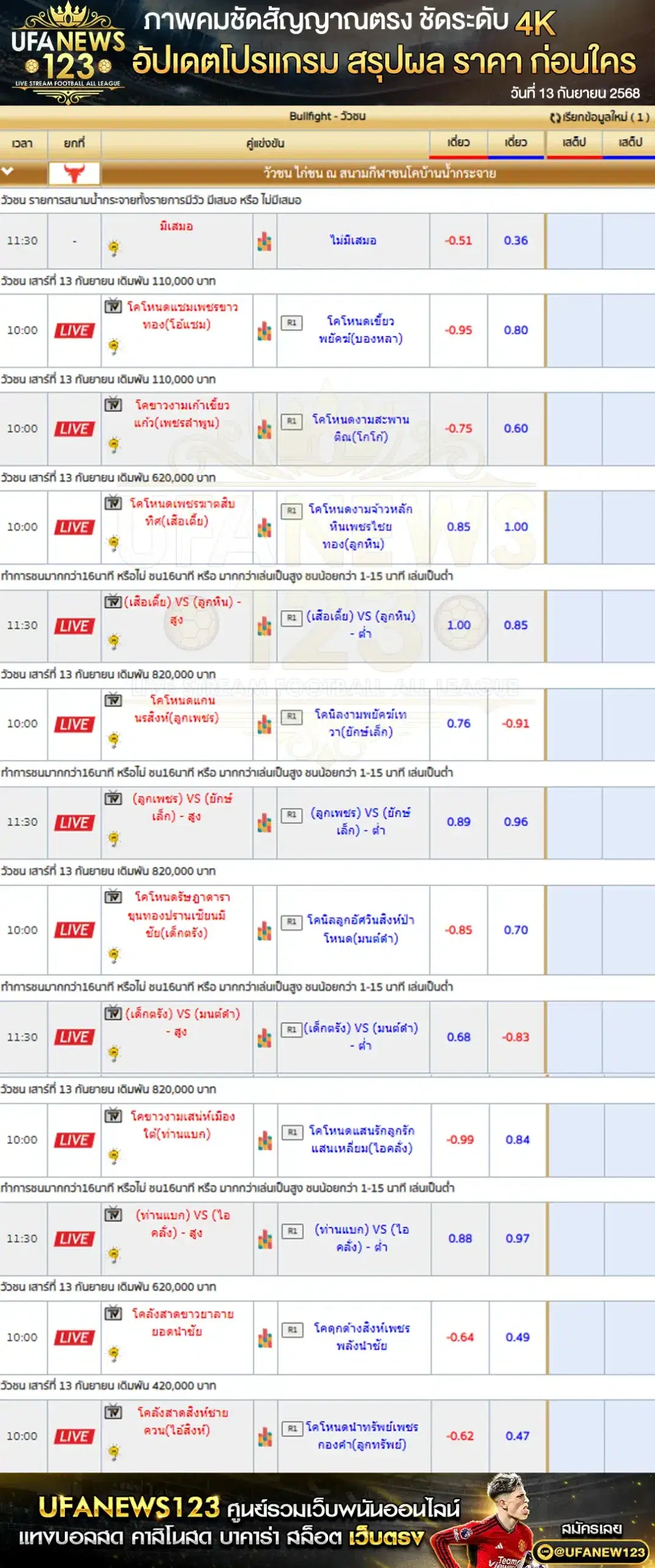 ตารางราคาวัวชน วันที่ 13 กันยายน 2568 | สนามชนโคบ้านน้ำกระจาย เริ่มเวลา 10:00 น.