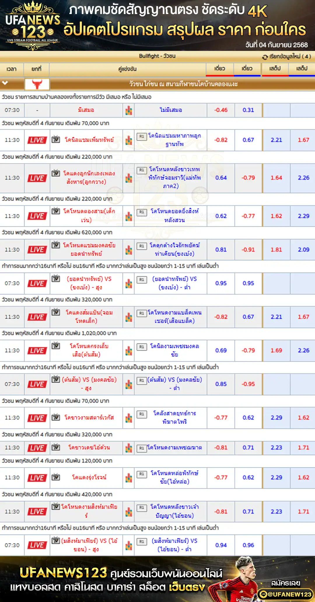 ตารางราคาวัวชนประจำวันที่ 04 กันยายน 2568 | สนามชนโคบ้านคลองแงะ เริ่มเวลา 10:00 น.