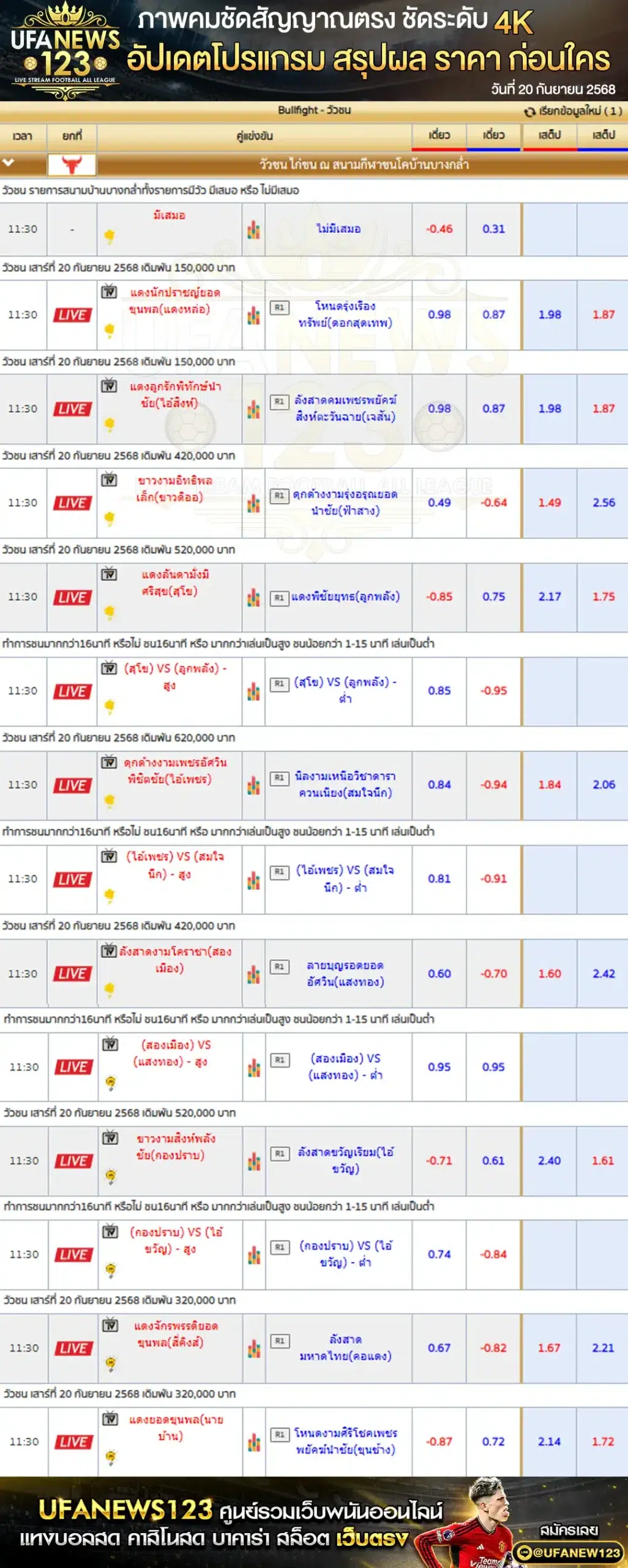 ตารางราคาวัวชนประจำวันที่ 20 กันยายน 2568 | สนามชนโคบ้านบางกล่ำ เริ่มเวลา 10:30 น.