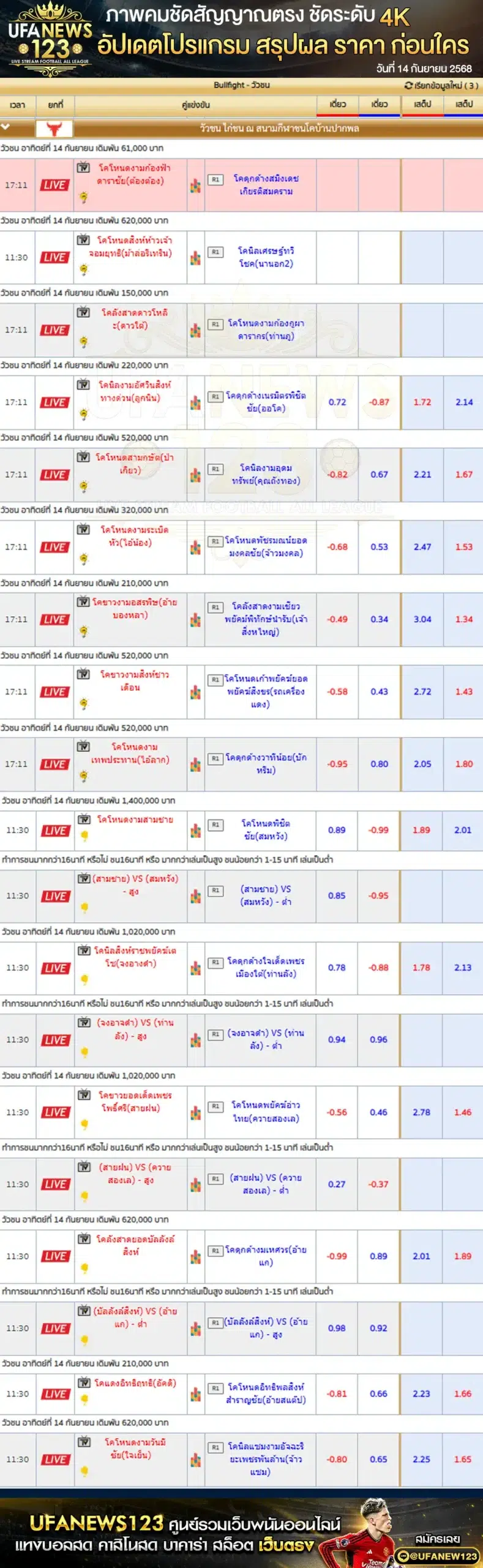 ตารางราคาวัวชน วันที่ 14 กันยายน 2568 | สนามกีฬาชนโคบ้านปากพล เริ่มเวลา 08:30 น.