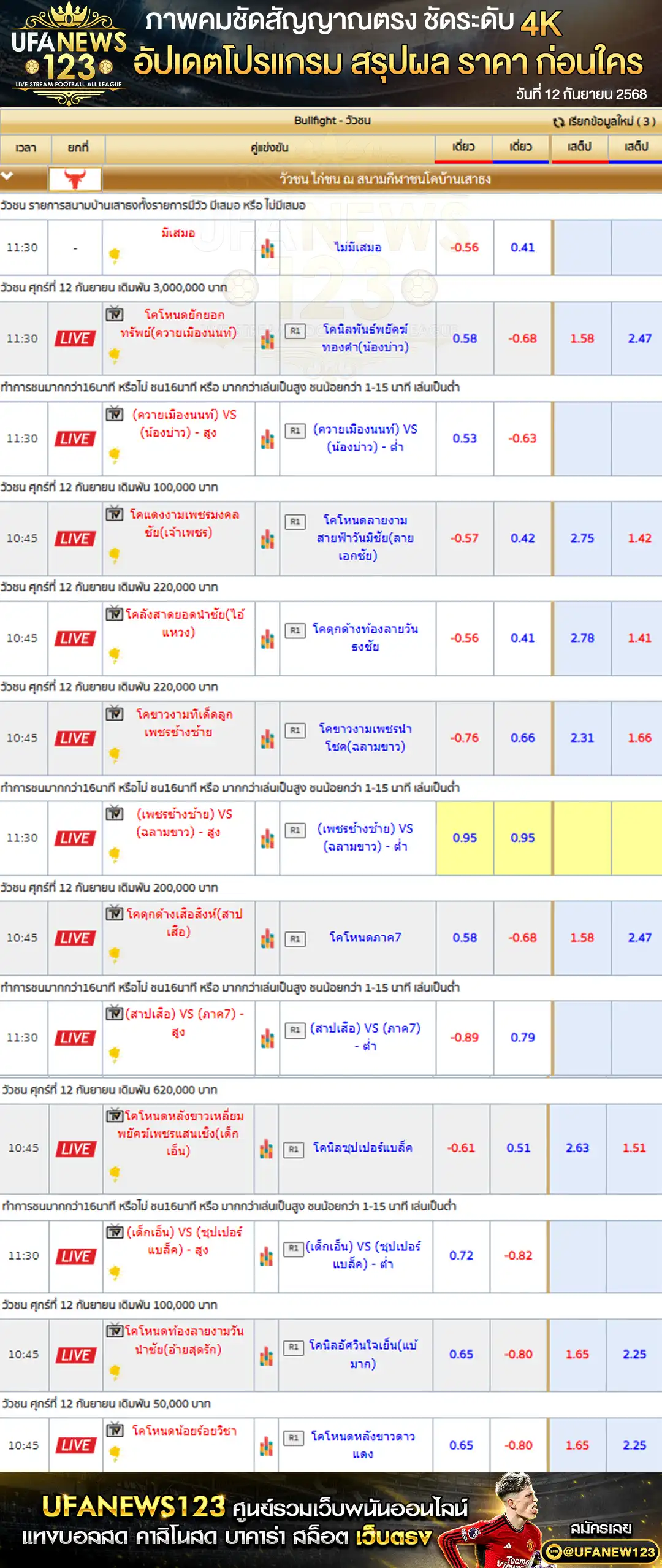 ตารางราคาวัวชน วันที่ 12 กันยายน 2568 |สนามเสาธงสเตเดี้ยม เริ่มเวลา 10:45 น.