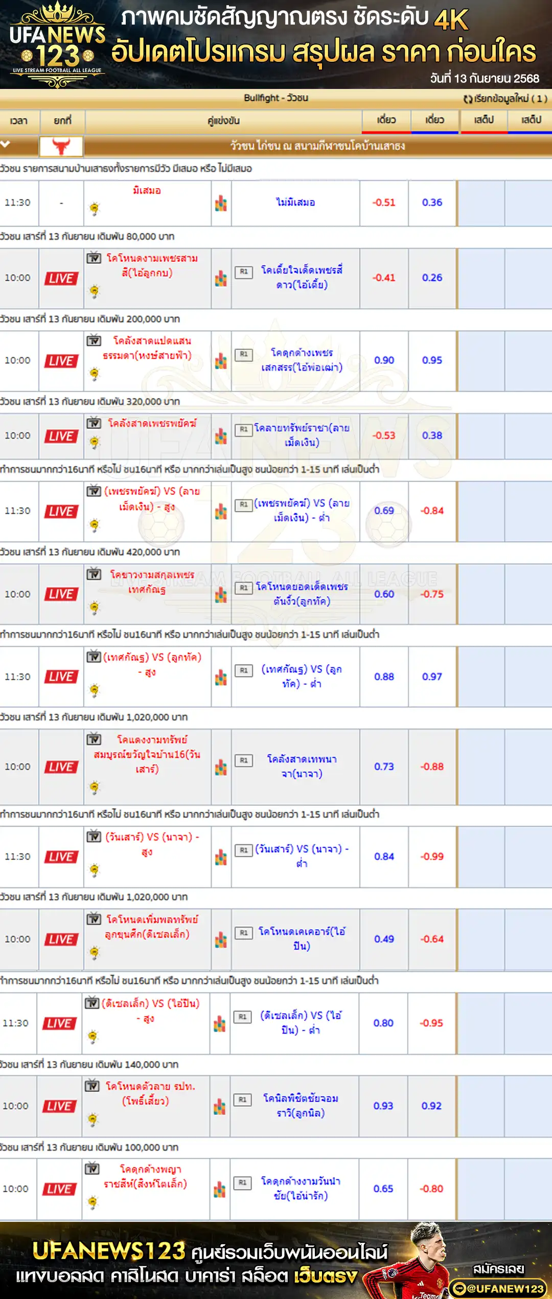 ตารางราคาวัวชน วันที่ 13 กันยายน 2568 | สนามชนโคบ้านเสาธงสเตเดี้ยม เริ่มเวลา 10:00 น.
