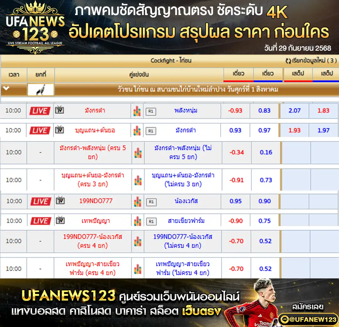 ราคาไก่ชน สนามชนไก่มังกรดำ999(สปป.ลาว) 29 กันยายน 2568
