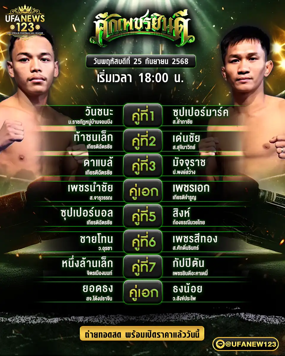 ตารางโปรแกรมมวย วันที่ 25 กันยายน 2568 | ศึกเพชรยินดี เริ่มแข่งขันเวลา 18:00 น.