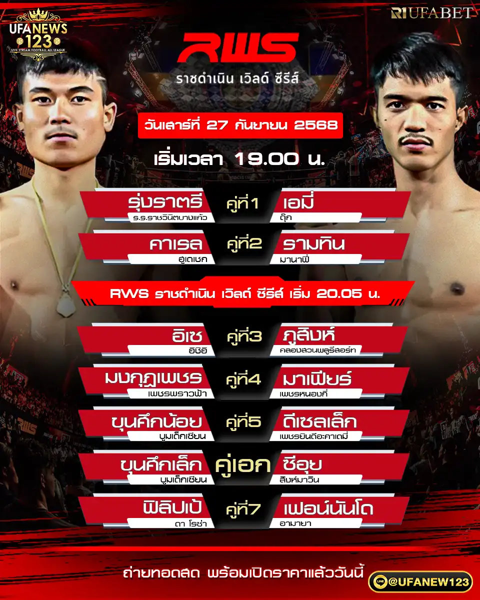 รายการโปรแกรมมวยคู่ชก 27 กันยายน 2568 | RWS ราชดำเนินเวิลด์ซีรีส์ เริ่มเวลา 19:00 น. | เวทีราชดำเนิน