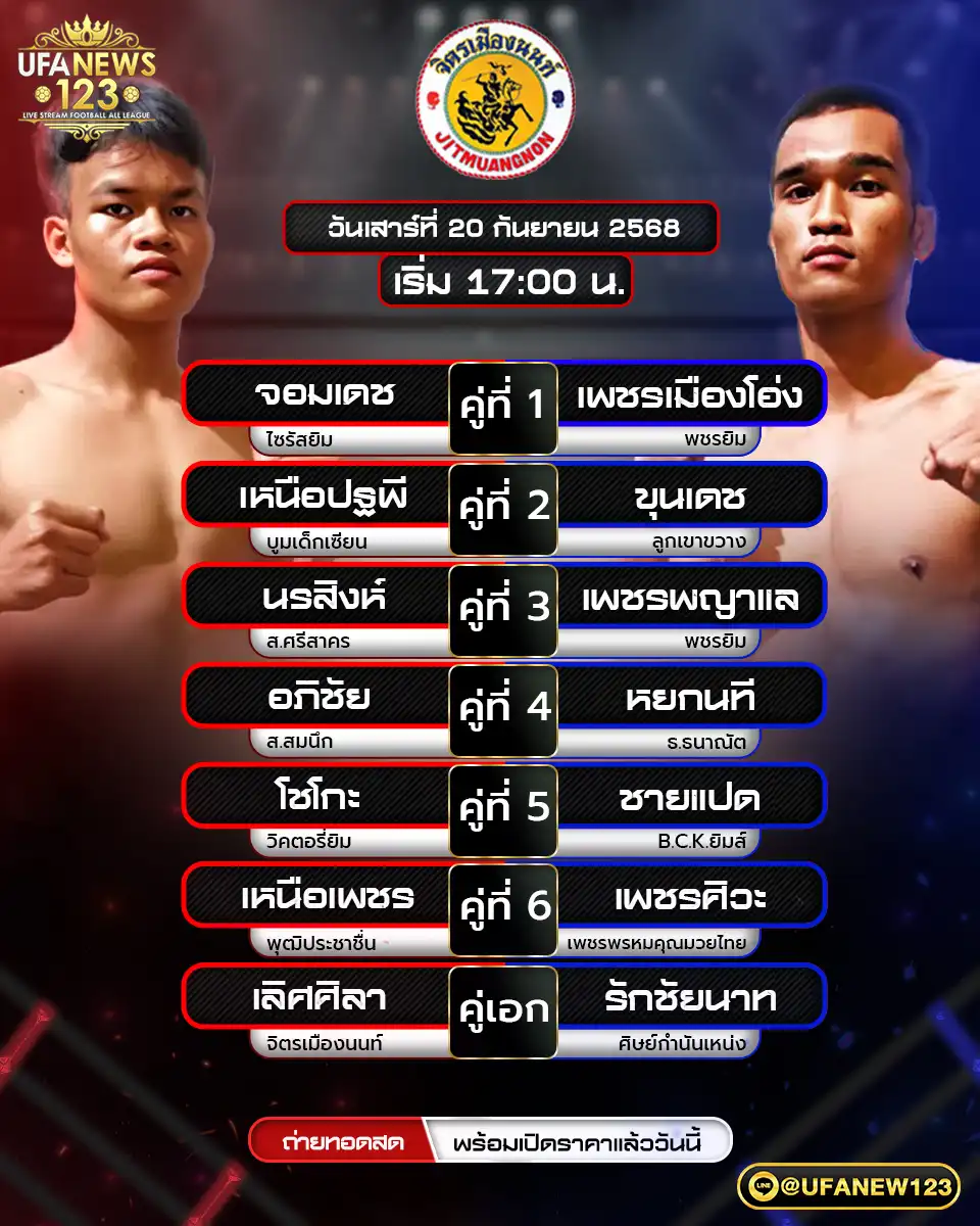 รายการมวยประจำวันที่ 20 กันยายน 2568 | ศึกจิตรเมืองนนท์ เริ่มเวลา 17:00 น.