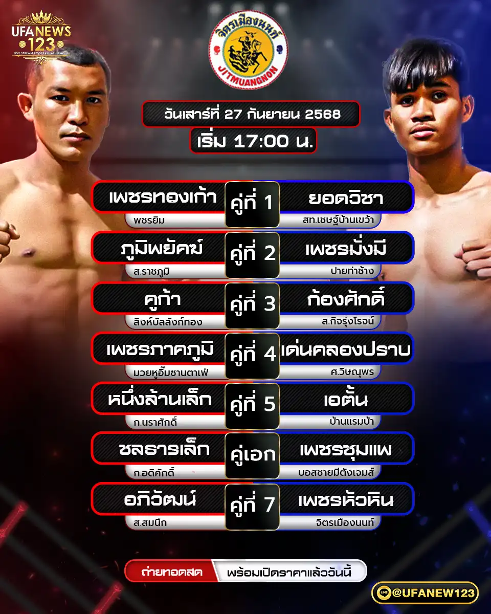 รายการมวยประจำวันที่ 27 กันยายน 2568 | ศึกจิตรเมืองนนท์ เริ่มเวลา 17:00 น.