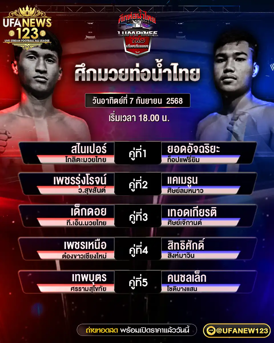 ตารางโปรแกรมมวยประจำวันที่ 07 กันยายน 2568 | ศึกมวยท่อน้ำไทย เริ่มเวลา 18:00 น.