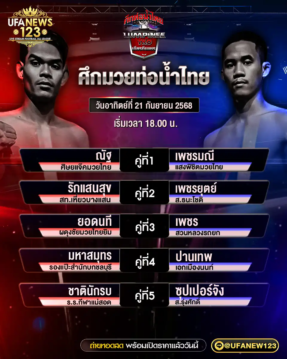 ตารางโปรแกรมมวย วันที่ 21 กันยายน 2568 | ศึกมวยท่อน้ำไทย เริ่มแข่งขันเวลา 18:00 น.