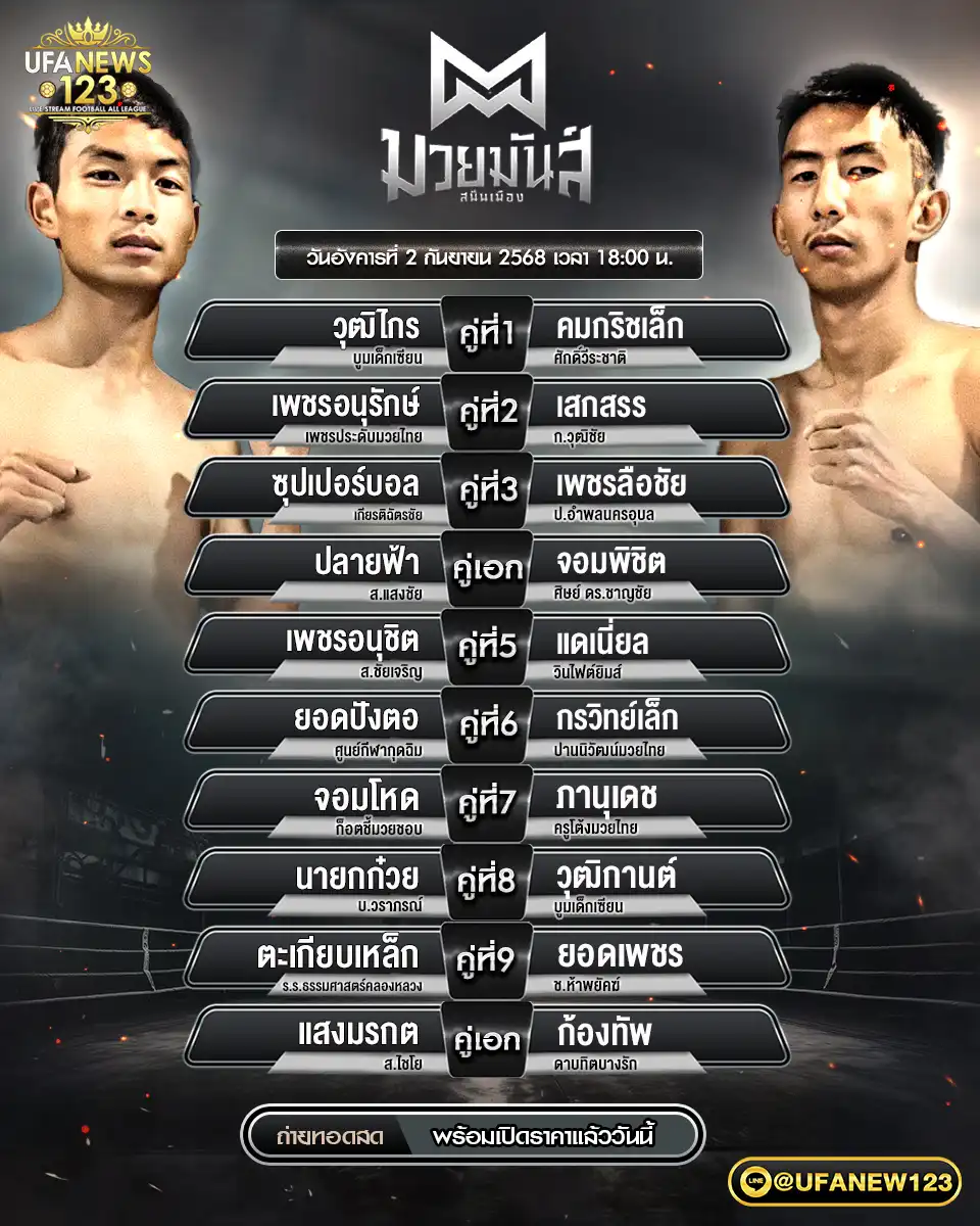 ตารางโปรแกรมมวย 02 กันยายน 2568 | ศึกมวยมันส์สนั่นเมือง เริ่มเวลา 18:00 น.