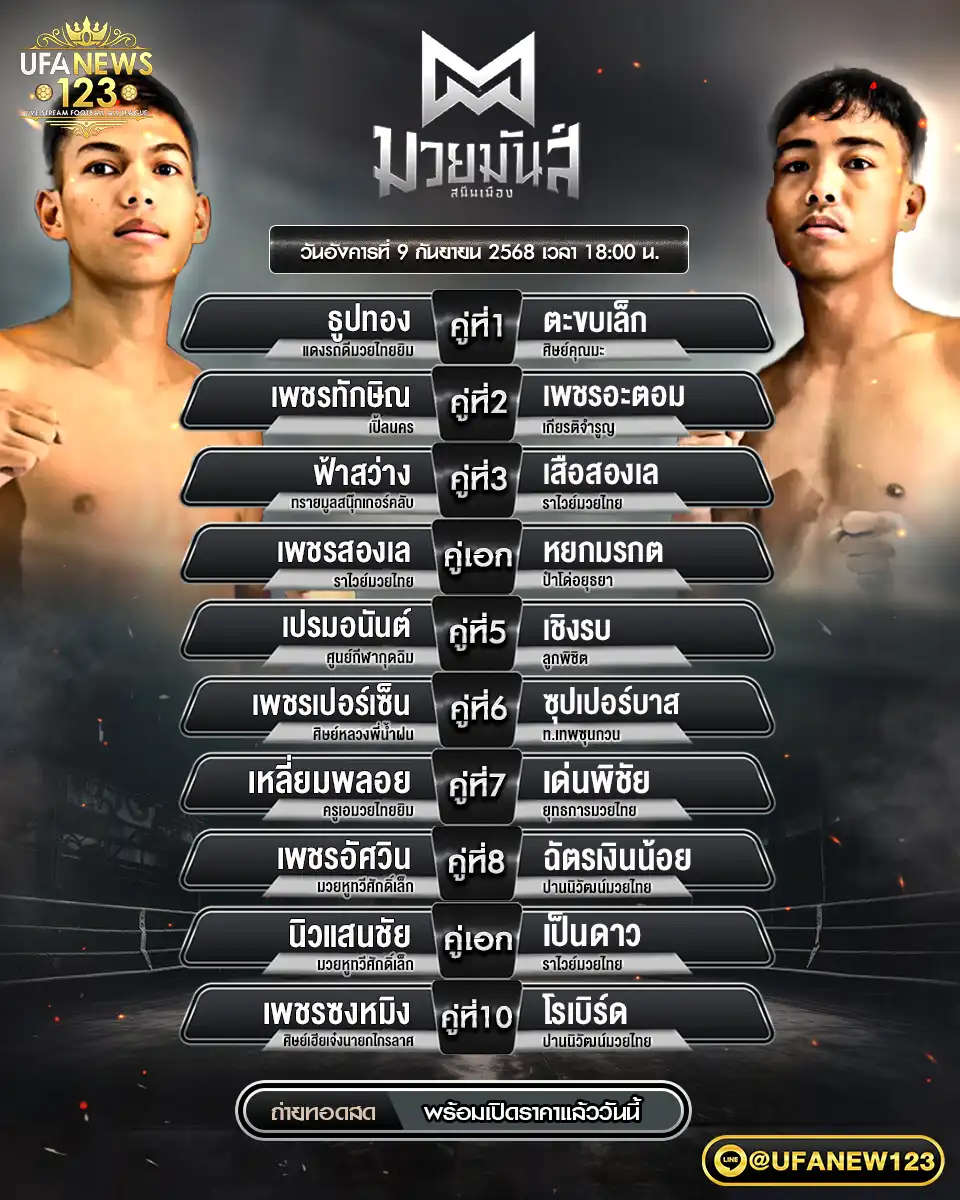 ตารางโปรแกรมมวย วันที่ 09 กันยายน 2568 ศึกมวยมันส์สนั่นเมือง เริ่ม 18:00 น.