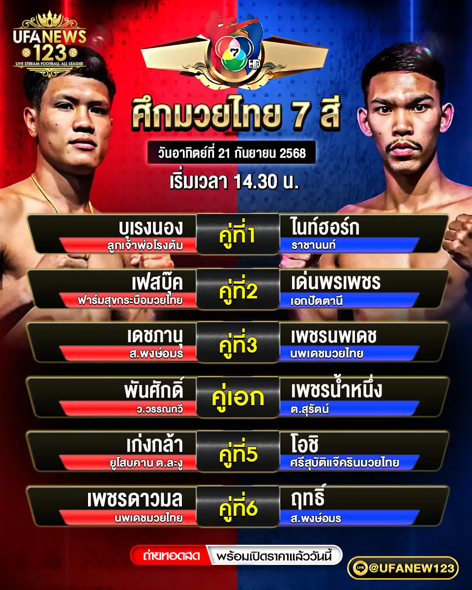 ตารางโปรแกรมมวย วันที่ 21 กันยายน 2568 | ศึกมวยไทย 7 สี เริ่มแข่งขันเวลา 14:30 น.
