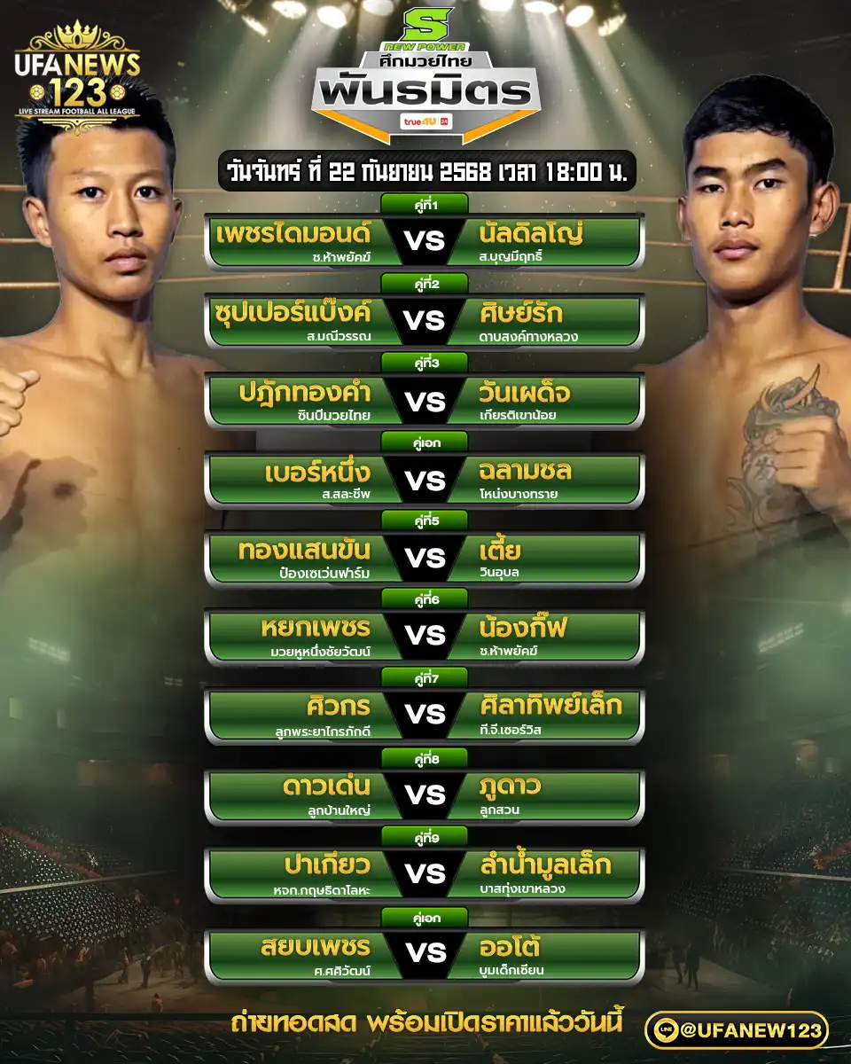 ตารางโปรแกรมมวย วันที่ 22 กันยายน 2568 | ศึกมวยไทยพันธมิตร เริ่ม 18:00 น.