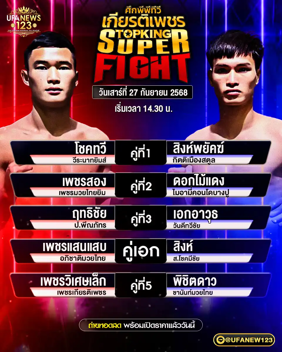 รายการมวยประจำวันที่ 27 กันยายน 2568 | ศึกมวยไทยเกียรติเพชร เริ่มเวลา 14:30 น. 