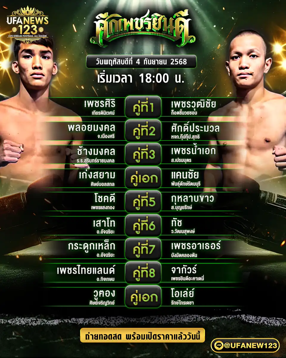 ตารางโปรแกรมมวย ศึกเพชรยินดี 04 กันยายน 2568 | เริ่มเวลา 18:00 น.