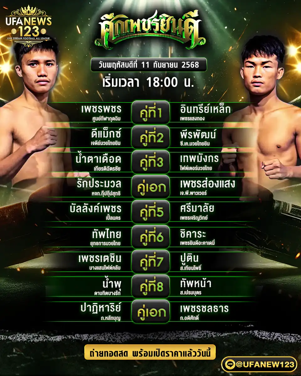ตางรางโปรแกรมมวย วันที่ 11 กันยายน 2568 | ศึกเพชรยินดี เริ่ม 18:00 น.