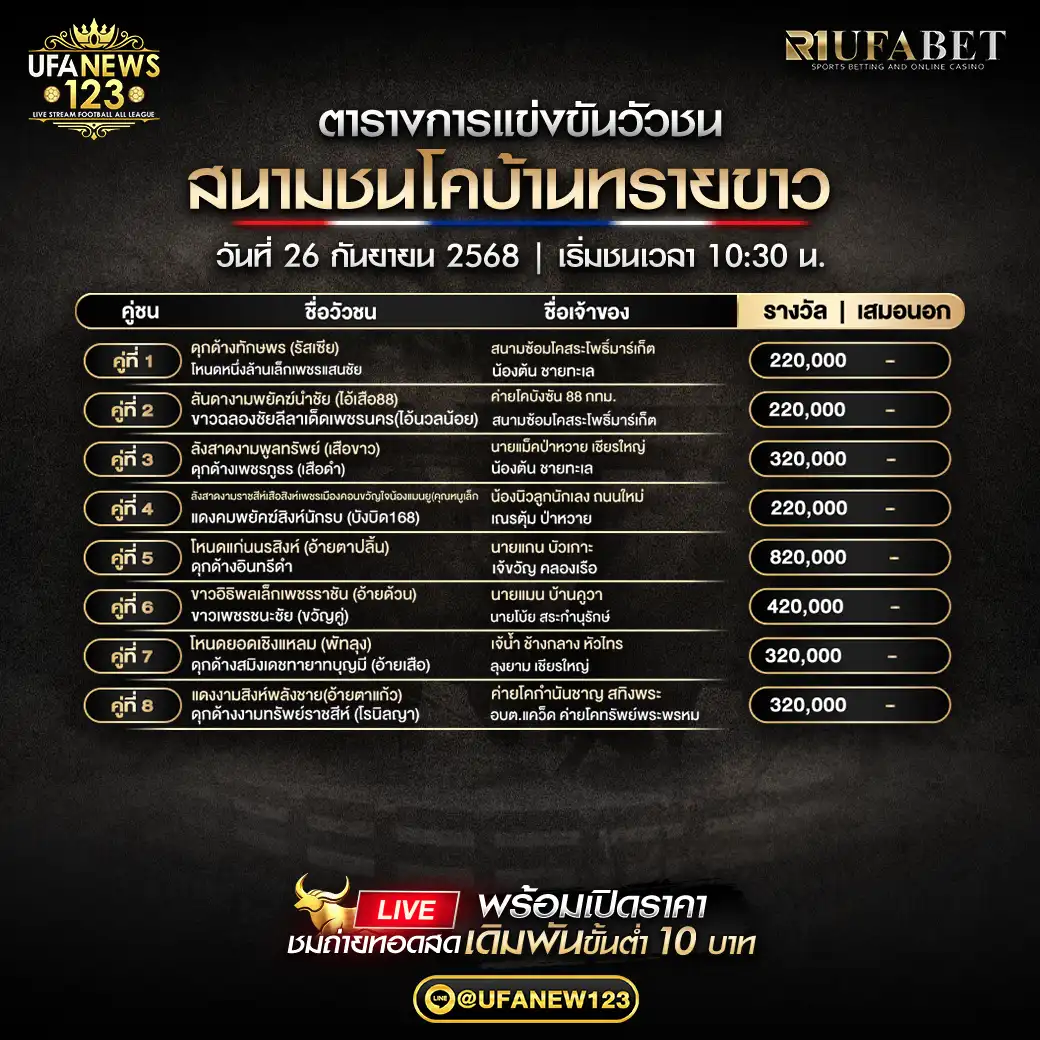 ตารางโปรแกรมวัวชนประจำวันที่ 26 กันยายน 2568 | สนามกีฬาชนโคบ้านทรายขาว (เริ่มเวลา 10:30 น.)