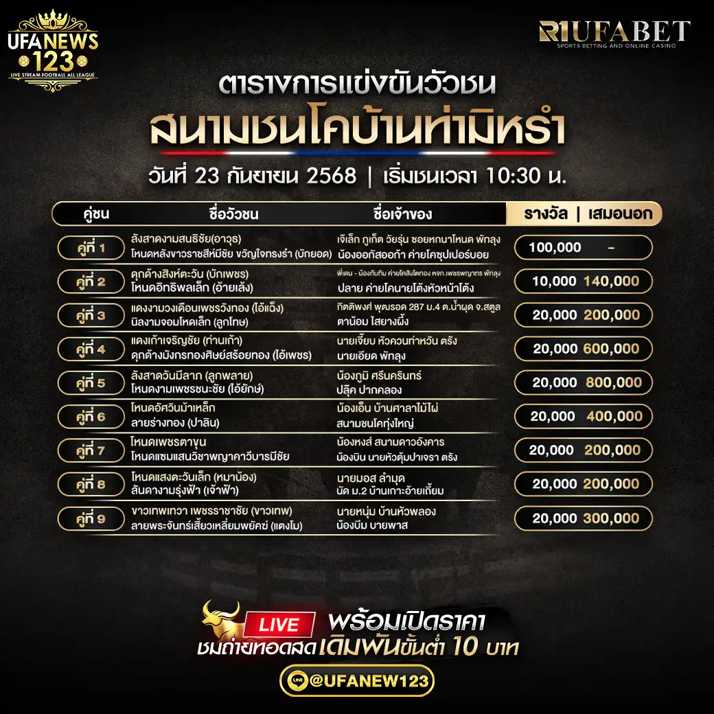 ตารางโปรแกรมวัวชนประจำวันที่ 23 กันยายน 2568 | สนามกีฬาชนโคบ้านท่ามิหรำ (เริ่มเวลา 10:30 น.)