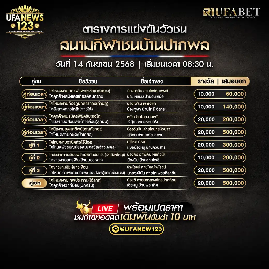 ตารางโปรแกรมวัวชน วันที่ 14 กันยายน 2568 | สนามกีฬาชนโคบ้านปากพล (เริ่ม 08:30 น.)