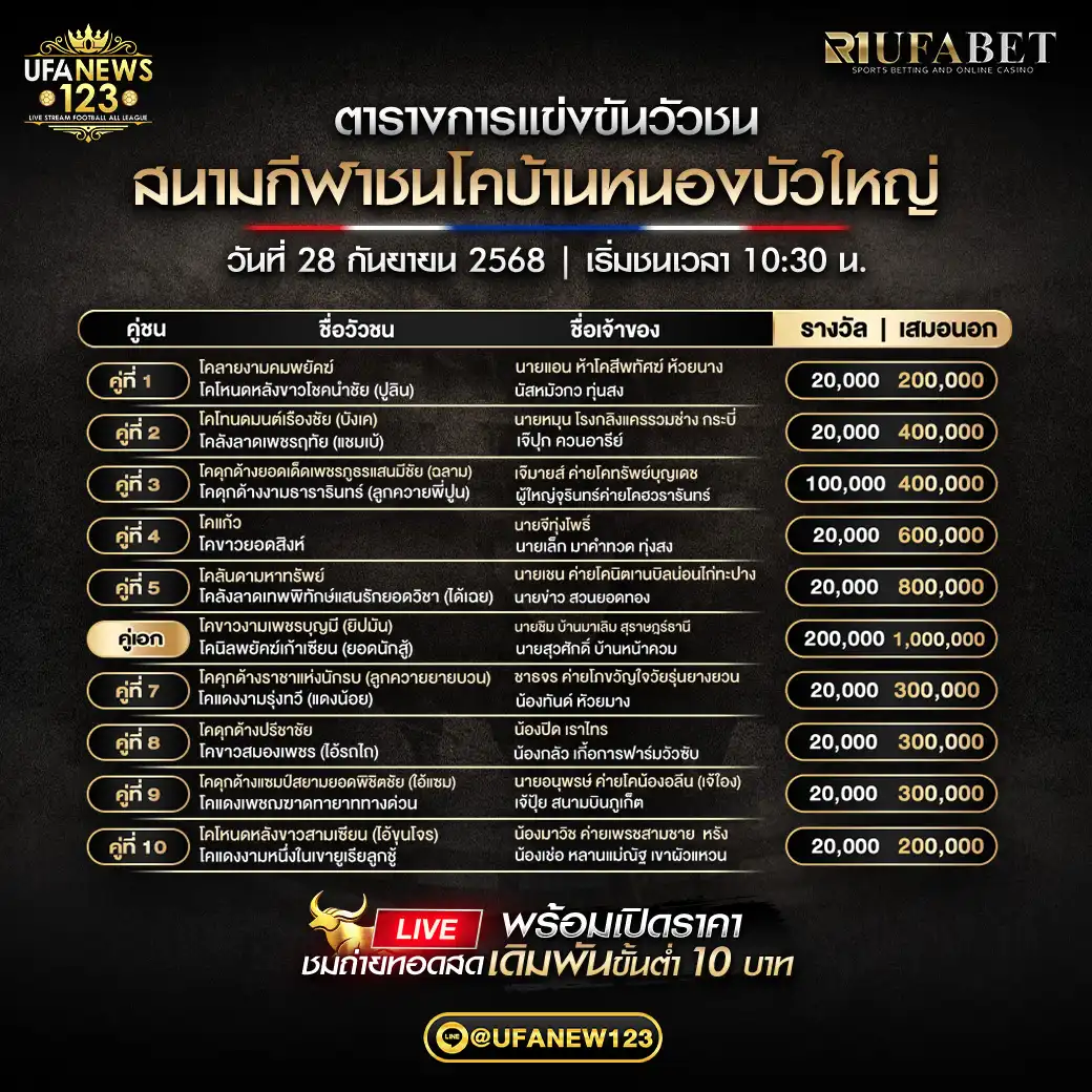 ตารางโปรแกรมวัวชนประจำวันที่ 28 กันยายน 2568 | สนามกีฬาชนโคบ้านหนองบัวใหญ่ (เริ่มเวลา 10:30 น.)