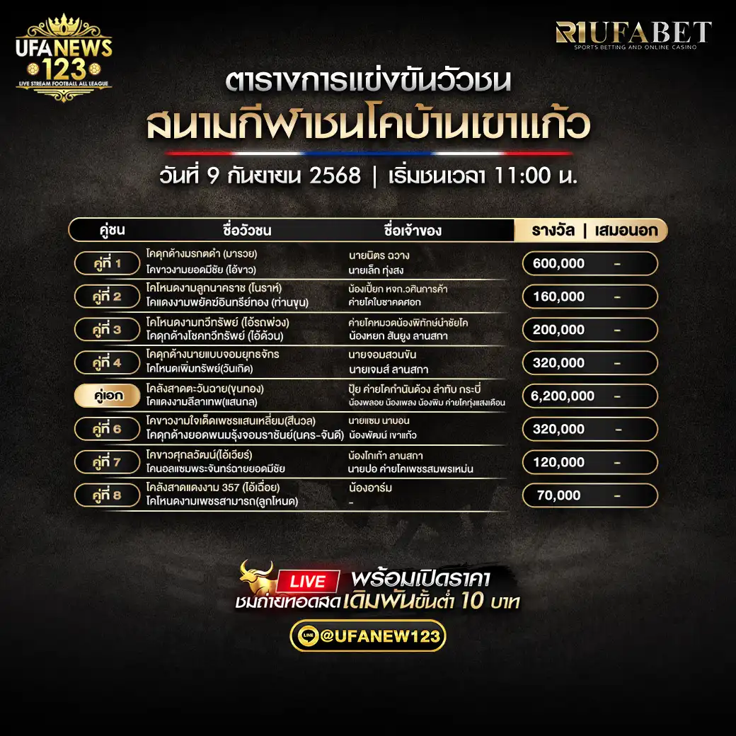 ตารางโปรแกรมวัวชนประจำวันที่ 09 กันยายน 2568 | สนามกีฬาชนโคบ้านเขาแก้ว เริ่มเวลา 11:00 น.