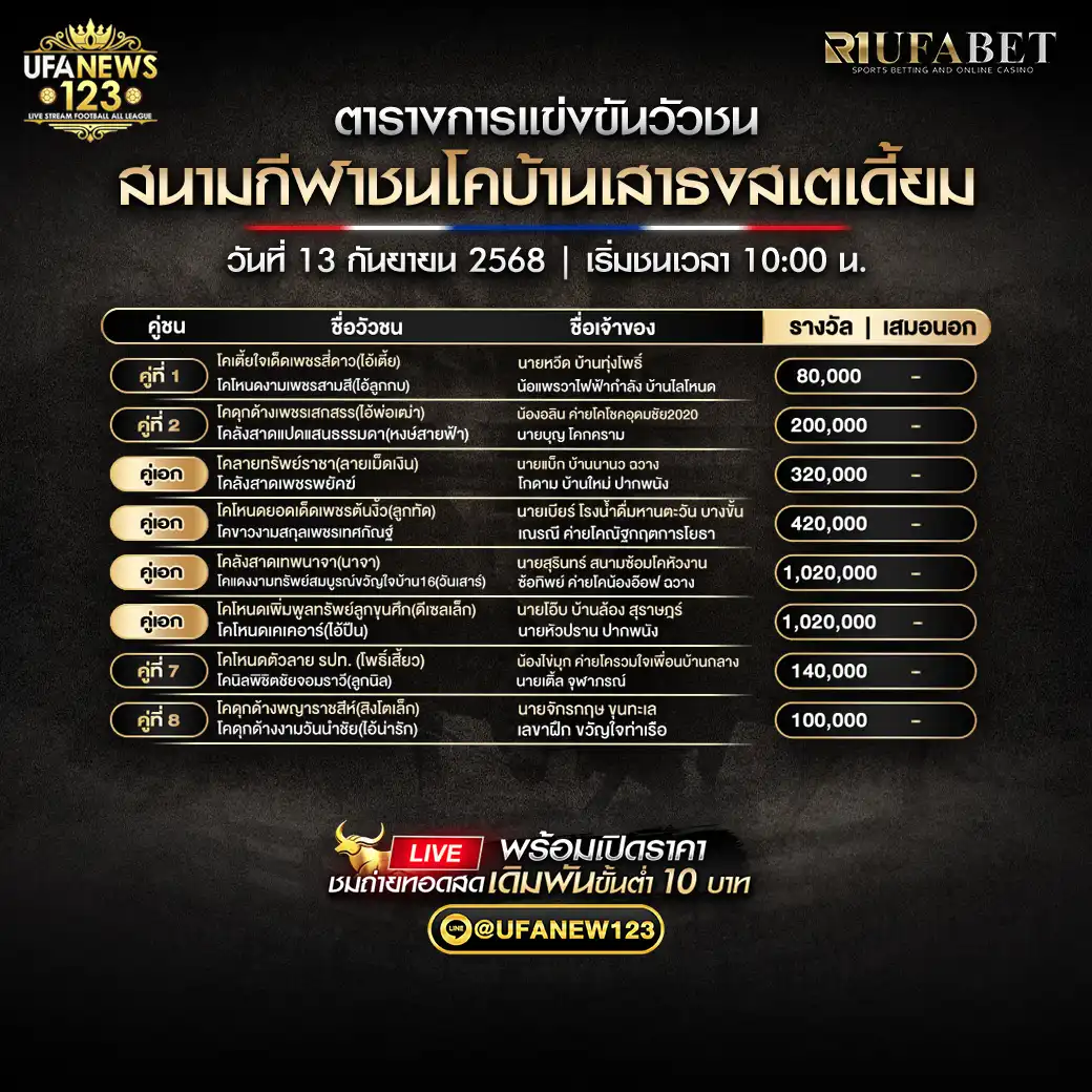 ตารางโปรแกรมวัวชน วันที่ 13 กันยายน 2568 | สนามกีฬาชนโคบ้านเสาธงสเตเดี้ยม เริ่มเวลา 10:00 น.