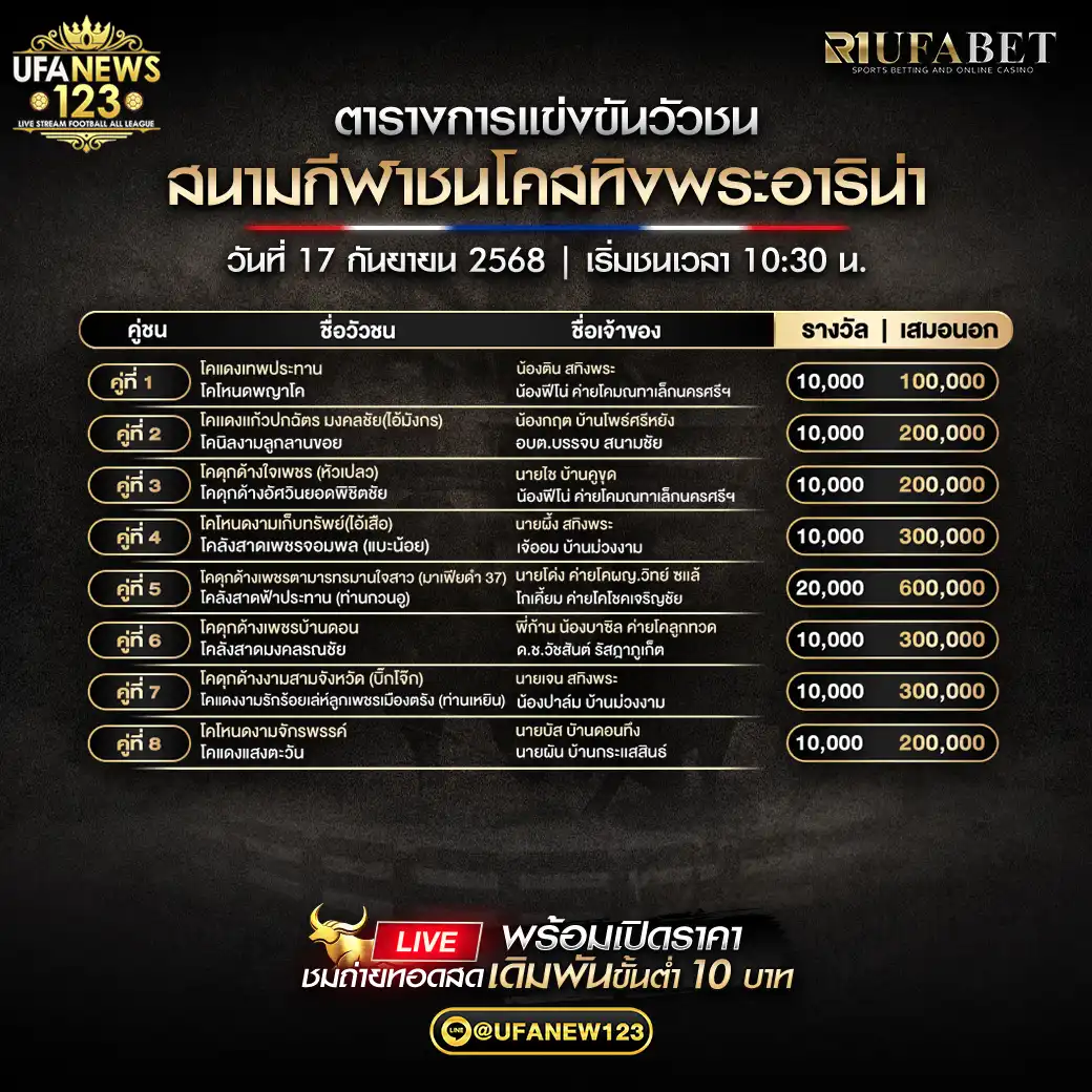 รายการคู่ชนประจำวันที่ 17 กันยายน 2568 | สนามกีฬาชนโคสทิงพระอารีน่า เริ่มเวลา 10:30 น.