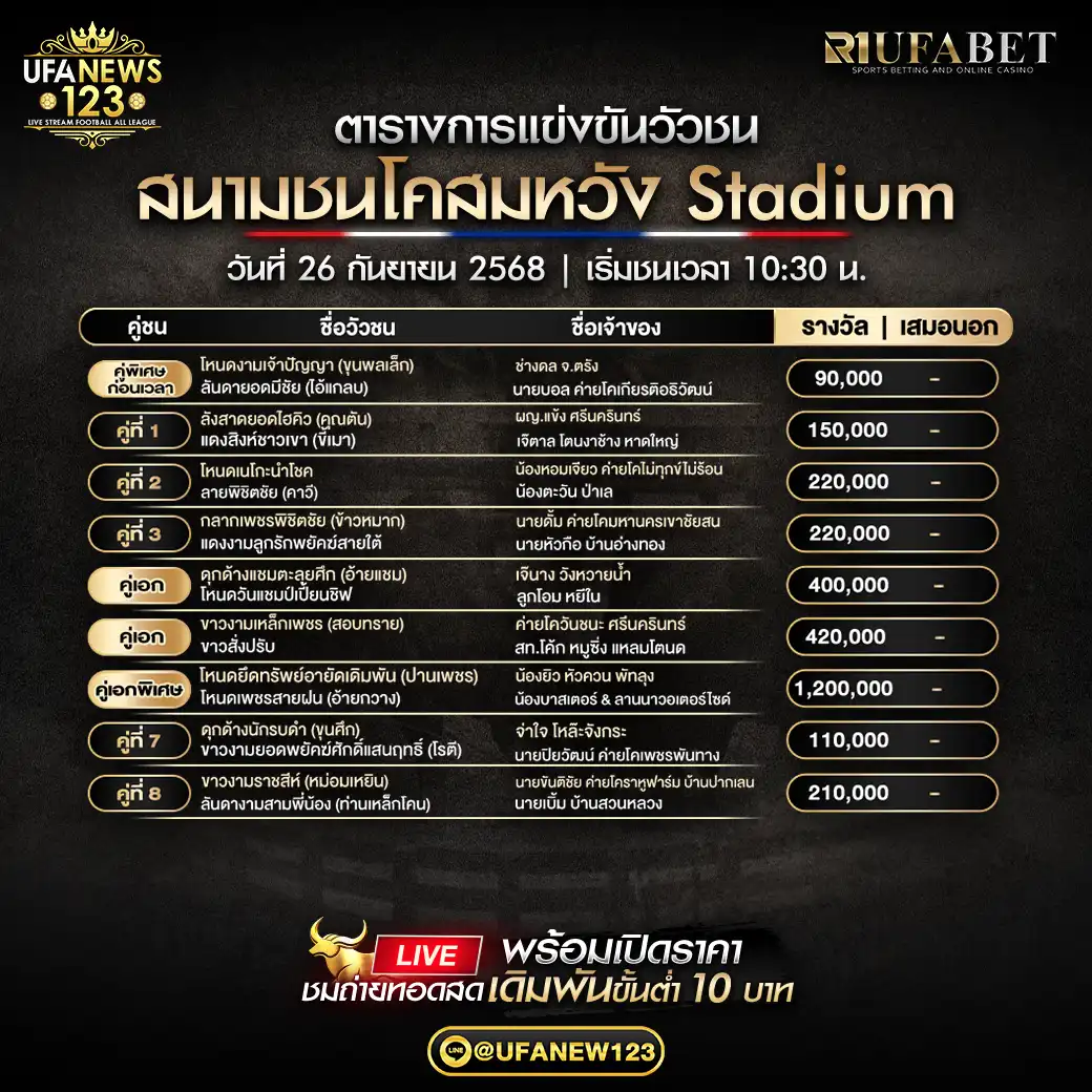 ตารางโปรแกรมวัวชนประจำวันที่ 26 กันยายน 2568 | สนามกีฬาชนโคสมหวัง Stadium (เริ่มเวลา 10:30 น.)