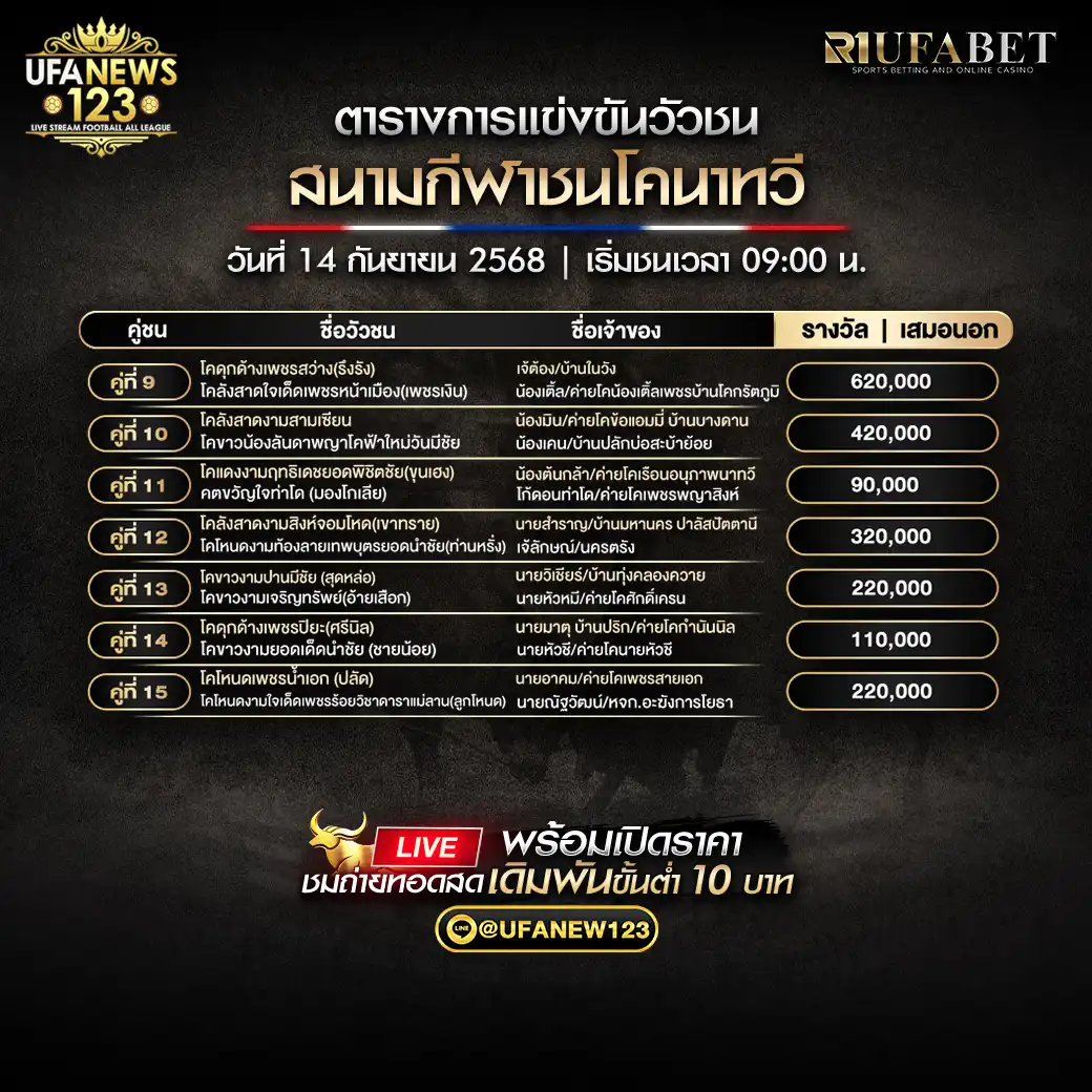 ตารางโปรแกรมวัวชน วันที่ 14 กันยายน 2568 | สนามกีฬาชนโคนาทวี (เริ่ม 09:00 น.) ใบสอง