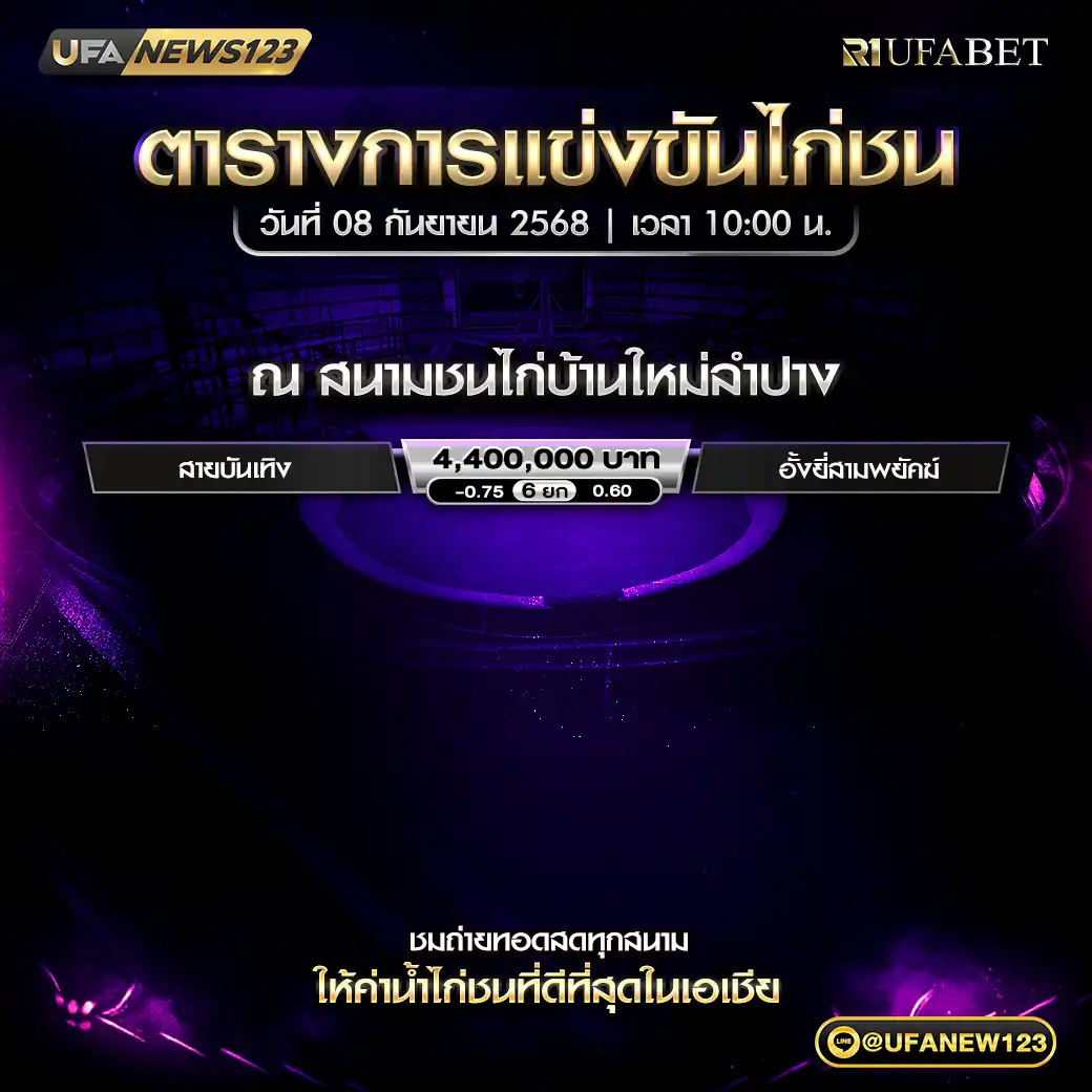 ตารางโปรแกรมไก่ชนประจำวันที่ 08 กันยายน 2568 | สนามชนไก่บ้านใหม่ลำปาง เริ่มเวลา 10:00 น. 