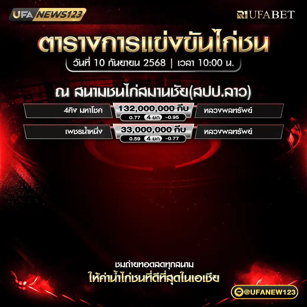 ตารางโปรแกรมไก่ชน 10 กันยายน 2568 | สนามชนไก่สมานชัย (แข่งใน สปป.ลาว) เริ่ม 10:00 น.