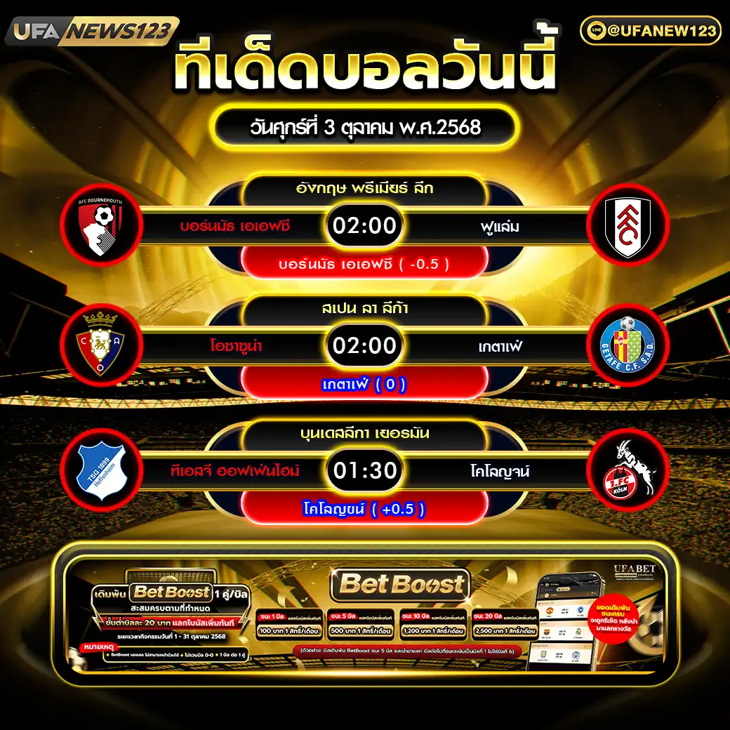 ทีเด็ดบอล แจกบอลสเต็ป 3 คู่ วันที่ 03 ตุลาคม 2568